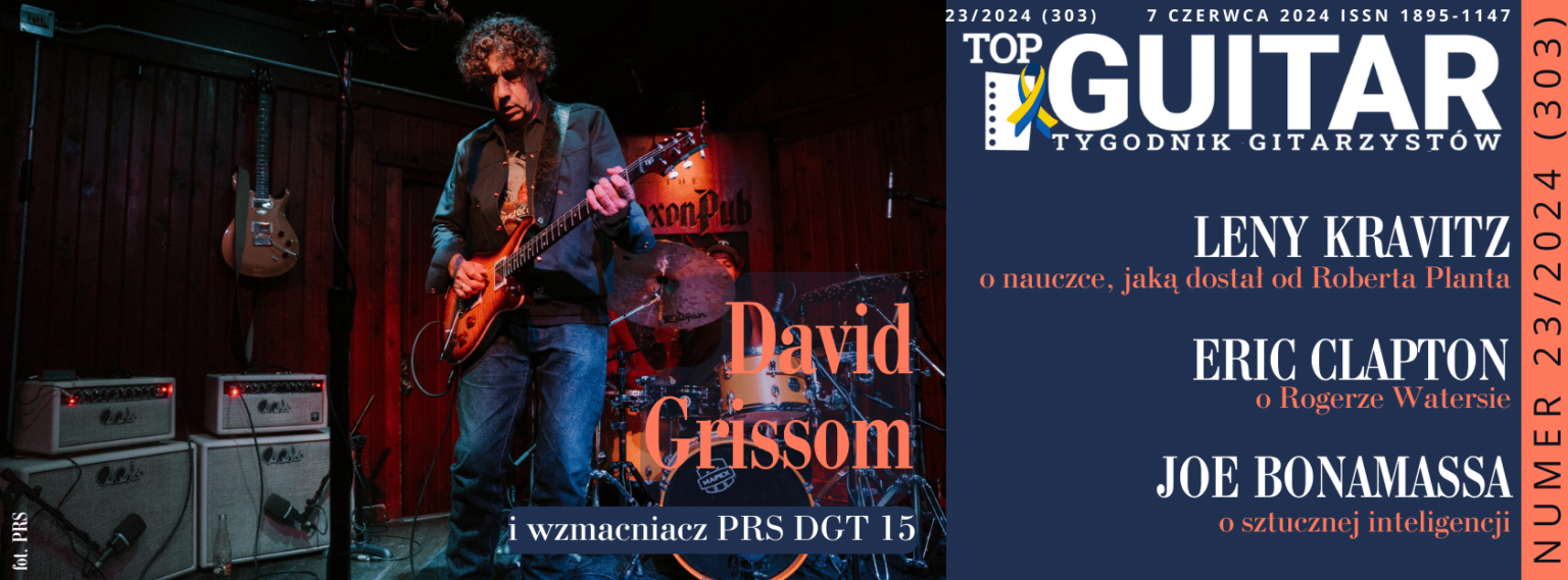 David Grissom gra na gitarze na scenie z wzmacniaczami PRS, magazyn Top Guitar.