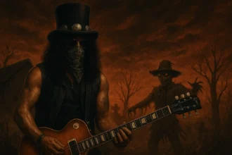 Slash z gitarą w halloweenowej scenerii – grafika stworzona przez AI.