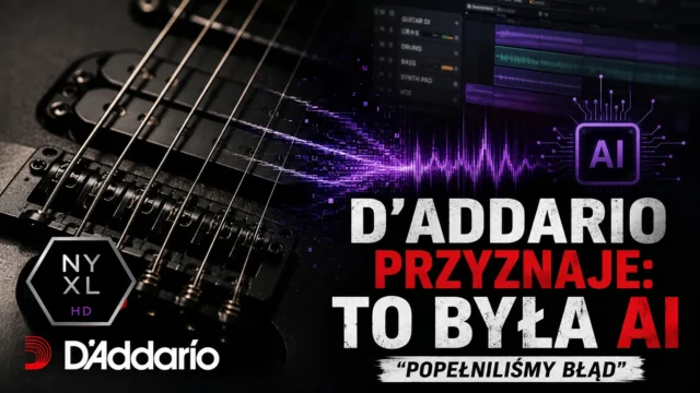Grafika ilustracyjna wygenerowana przy użyciu AI dla TopGuitar.pl w związku z kontrowersjami dotyczącymi wykorzystania generatywnej AI w materiale promocyjnym D’Addario NYXL HD.